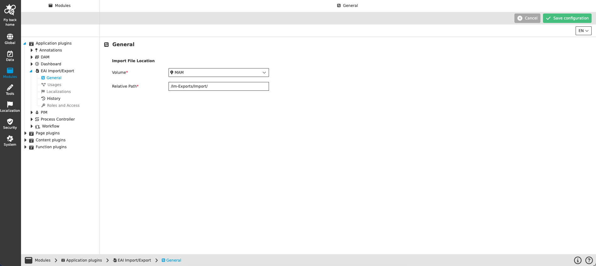 eai import export CC configuration general