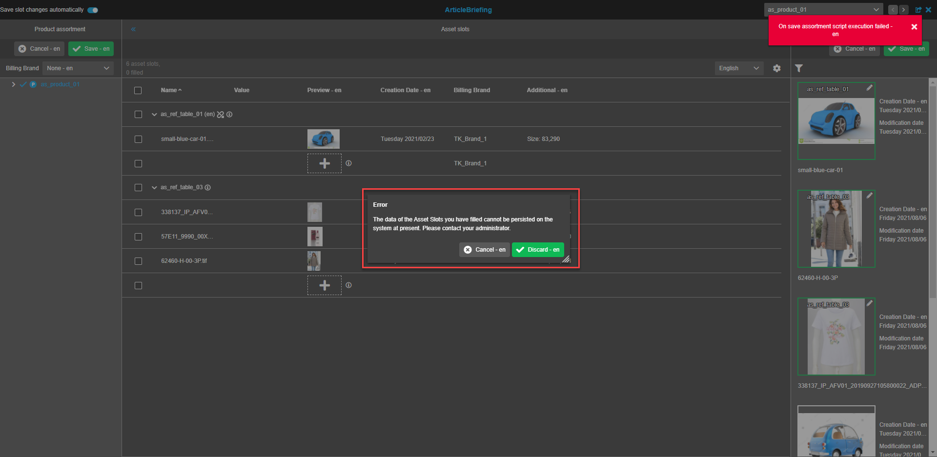 Produktsortiment Ansicht - Fehlermeldung zeigt nicht erfolgreiches Speichern