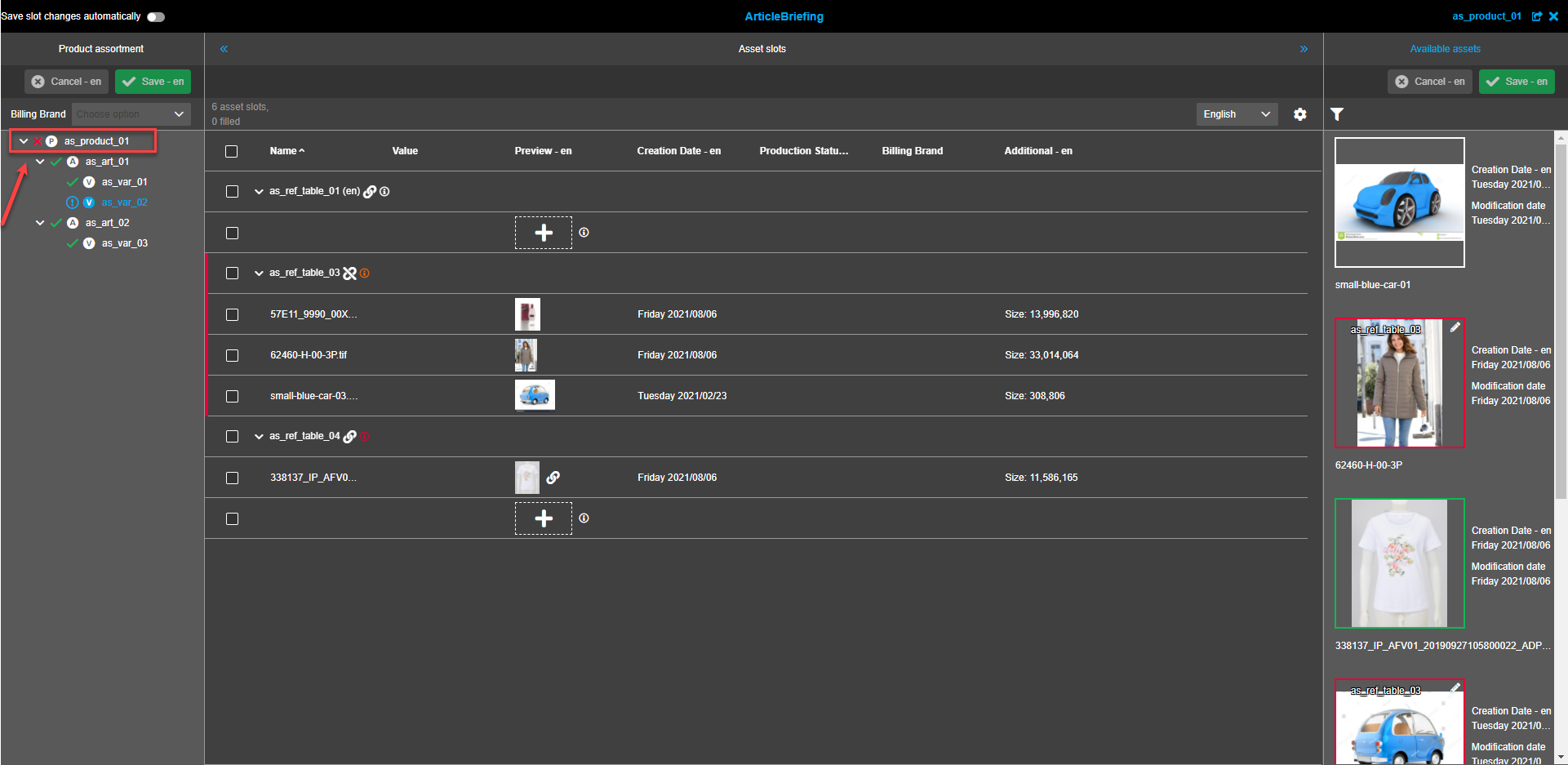 Produktsortiment Ansicht - Produktsortiment Baum - grünes Häkchen und rotes Kreut Icon mit Hinweisen