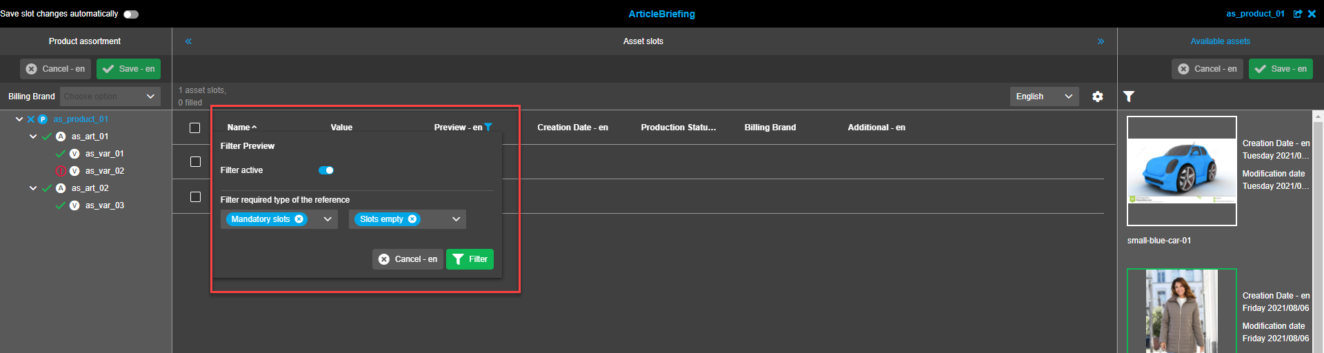 Produktsortiment Ansicht - Produktsortiment Baum - Schnellfilter "leere Slots" Preview