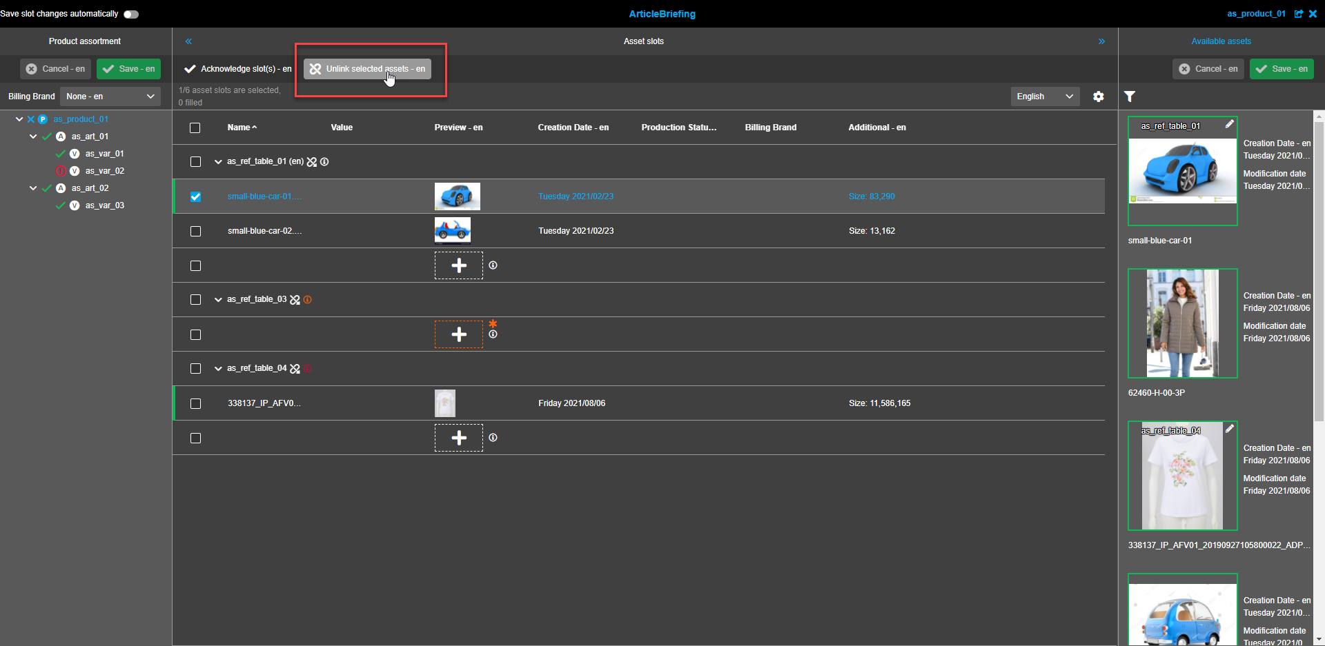 Asset Slots View - Button "Verknüpfung ausgewählter Assets aufheben"