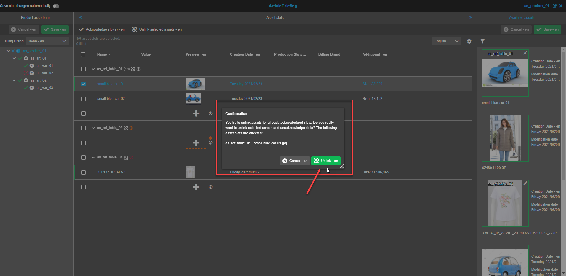 Asset Slots View - Bestätigungsmodal "Aufhebung der Verknüpfung"