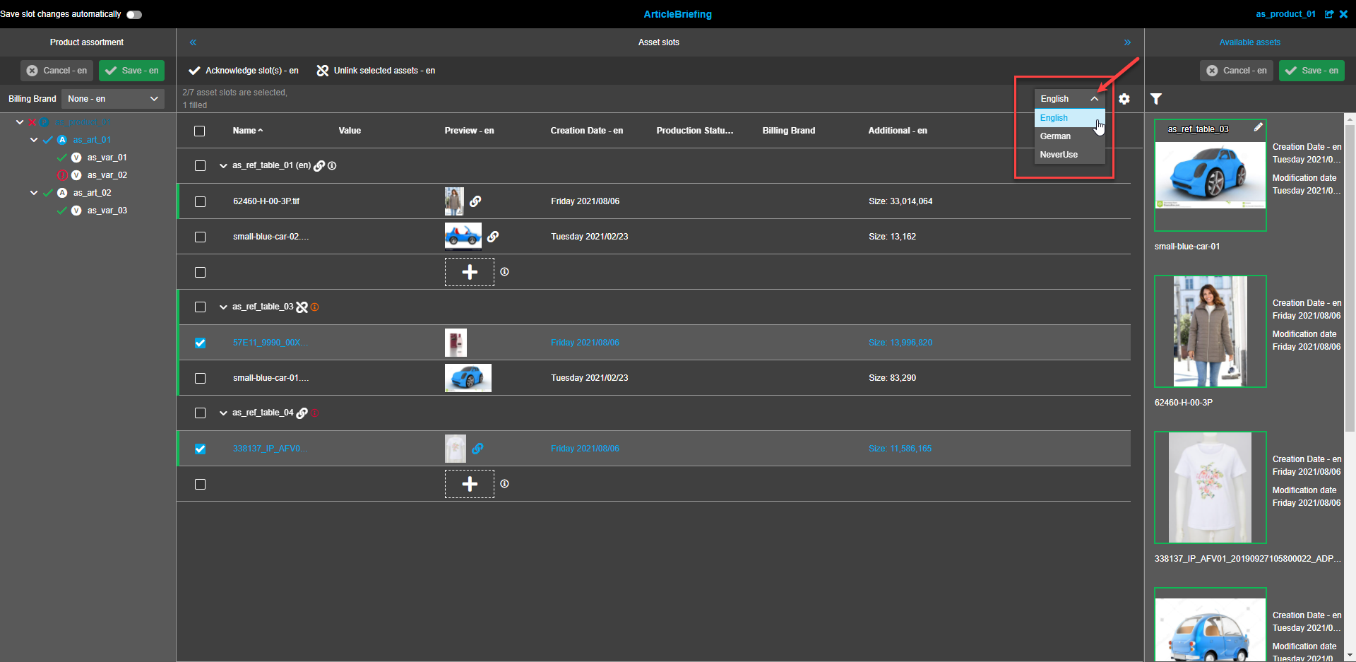 Asset Slots View - Sprachauswahl