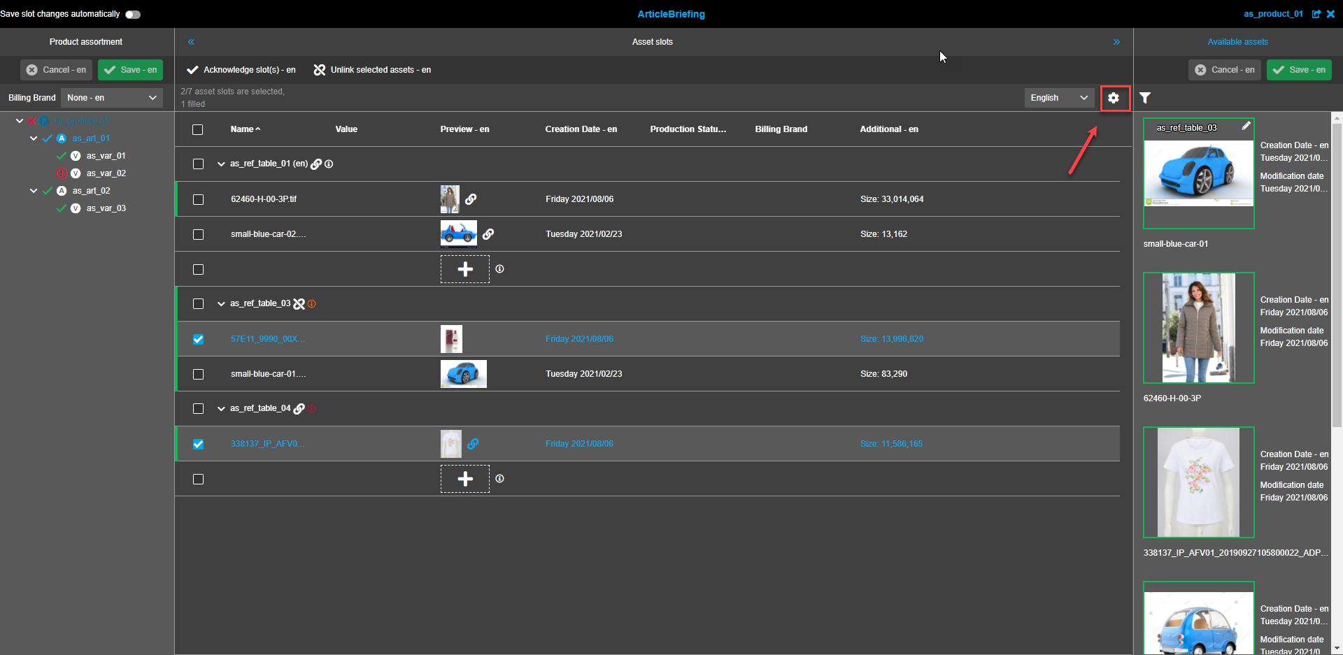 Asset Slots View - Statusbar Einstellungen