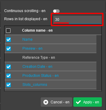 Asset Slots View - Geändert zu 30 Zeilen