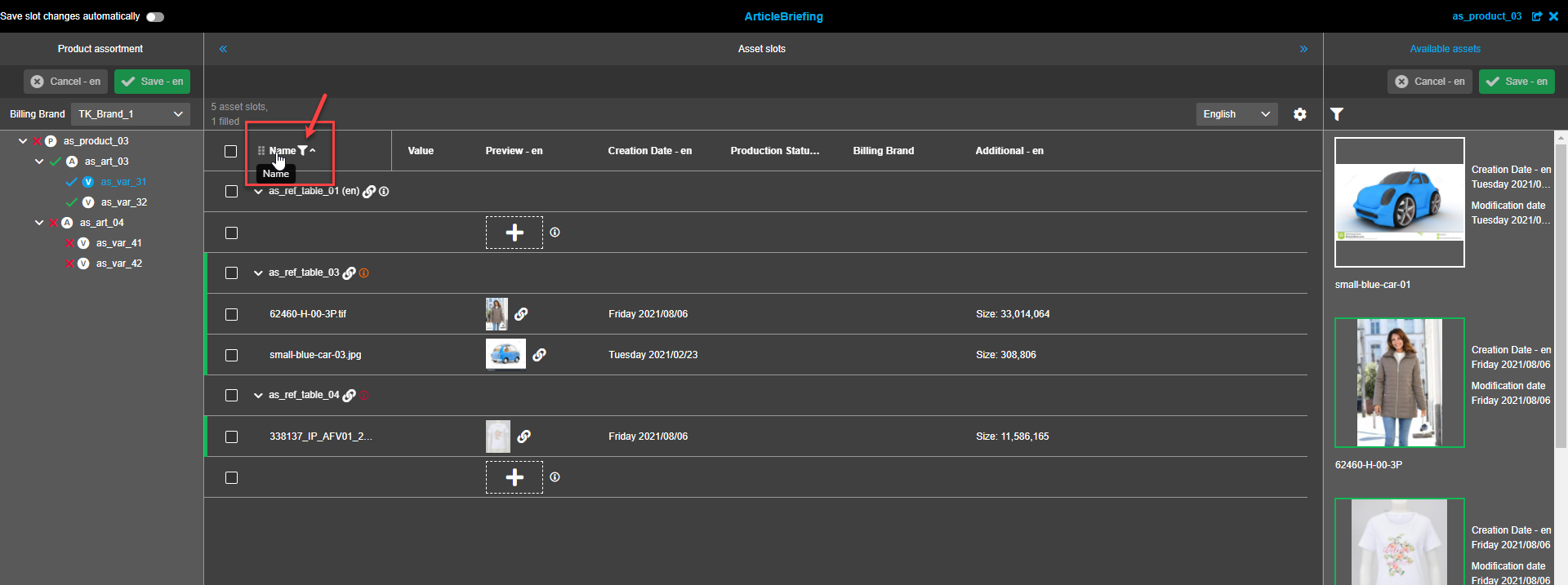 Asset Slots View - Filter Icon
