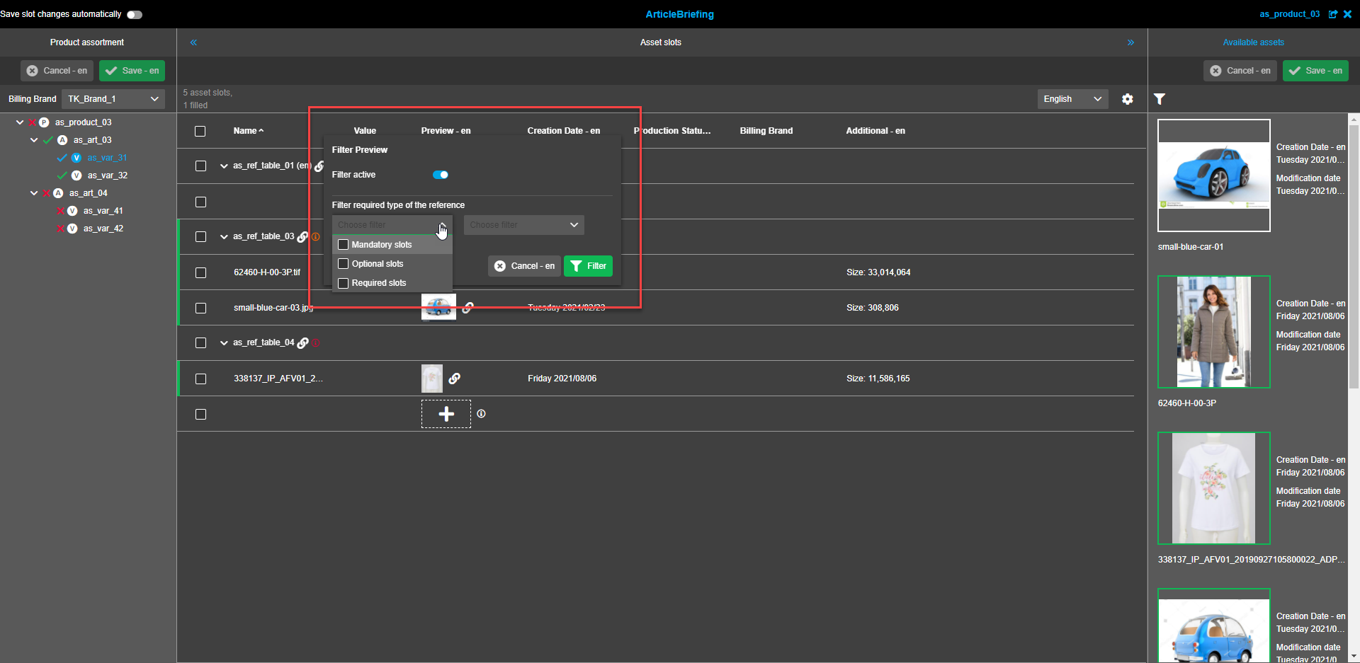 Asset Slots View - Preview Spaltenfilter