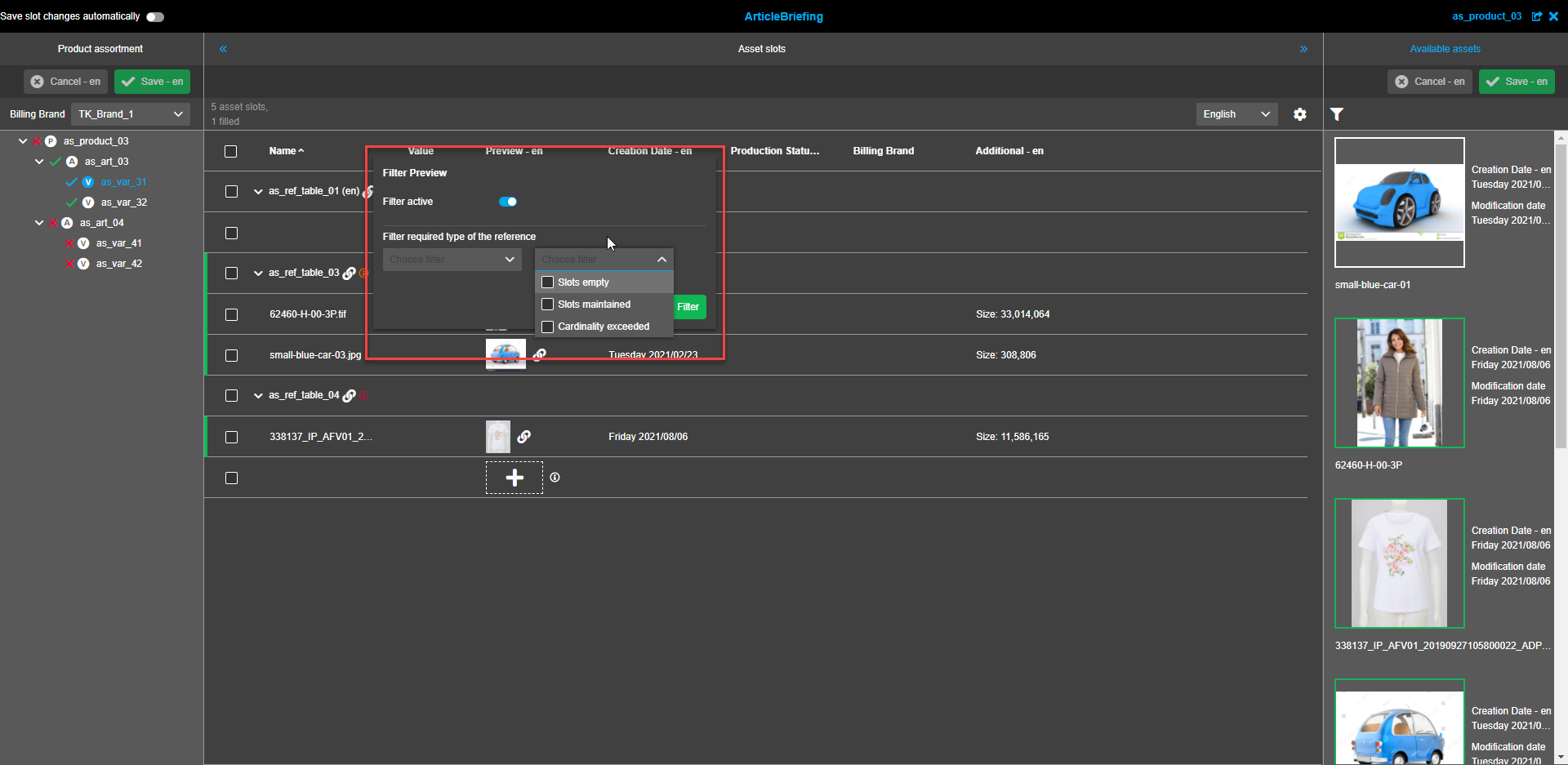 Asset Slots View - Preview Spaltenfilter