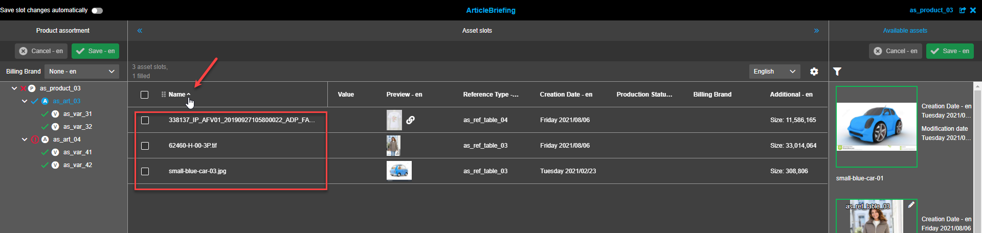 Asset Slots View - Spaltensortierung aufsteigend