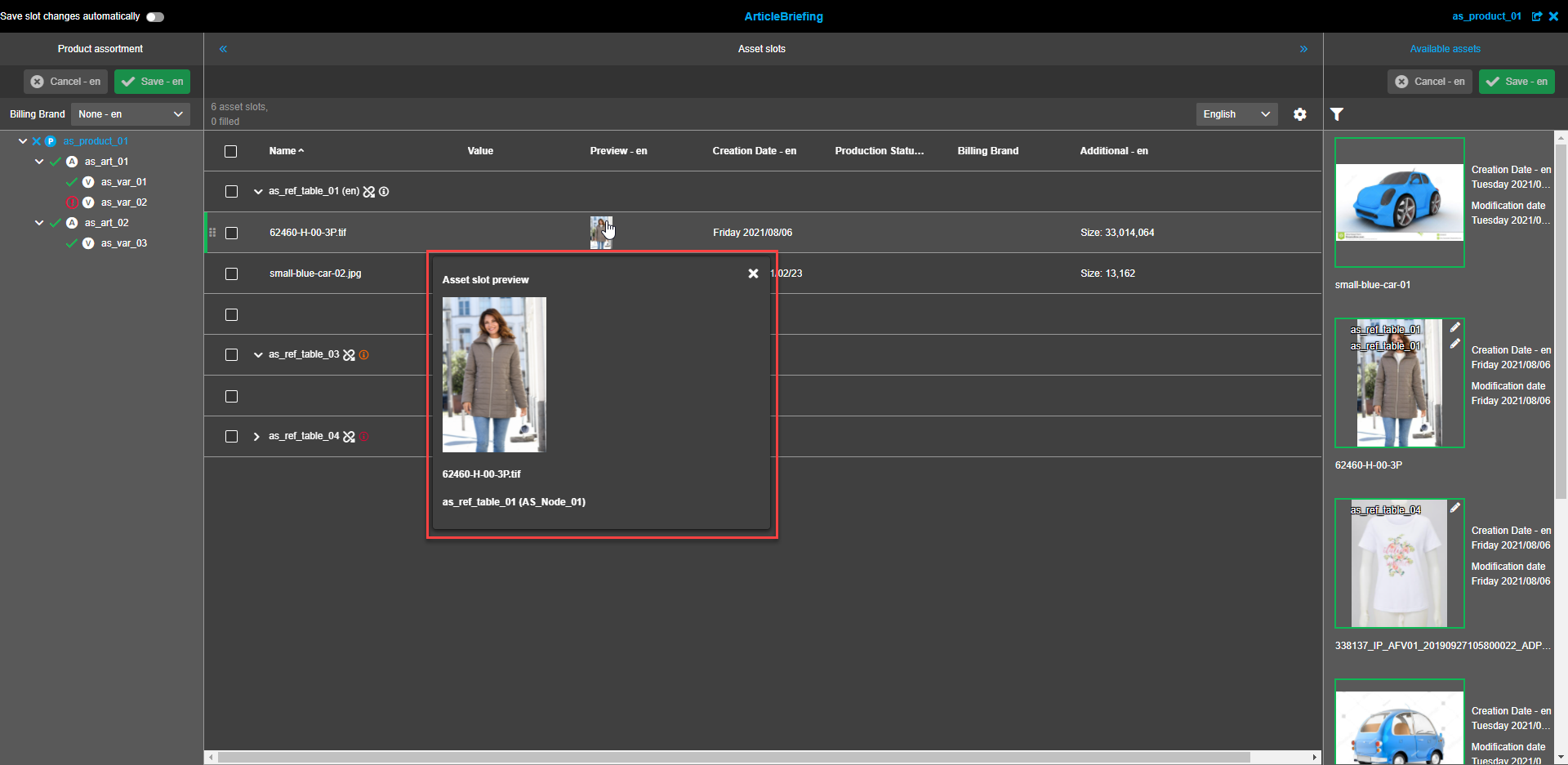 Asset Slots View - Bildfenster