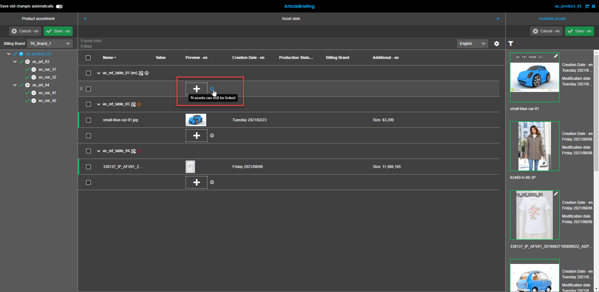 Asset Slots View - Tooltip "N Assets können noch verknüpft werden"