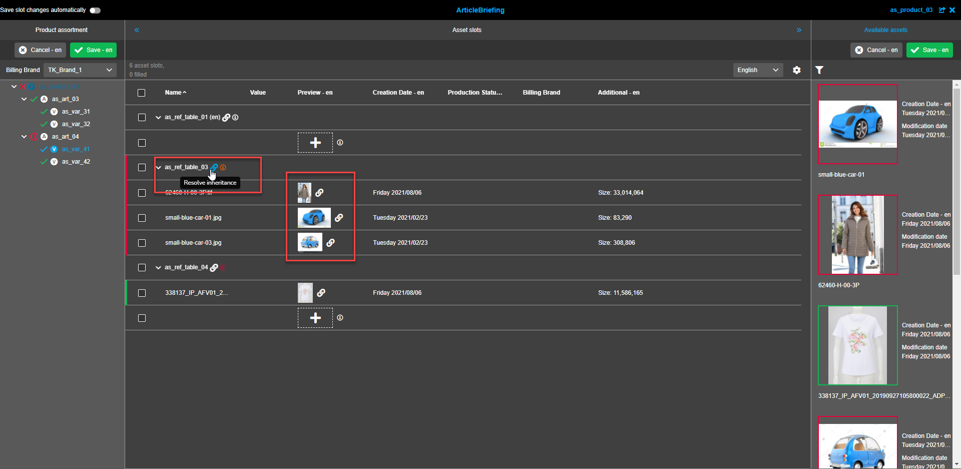 Asset Slots View - Verknüpfung aufheben Icon Tooltip