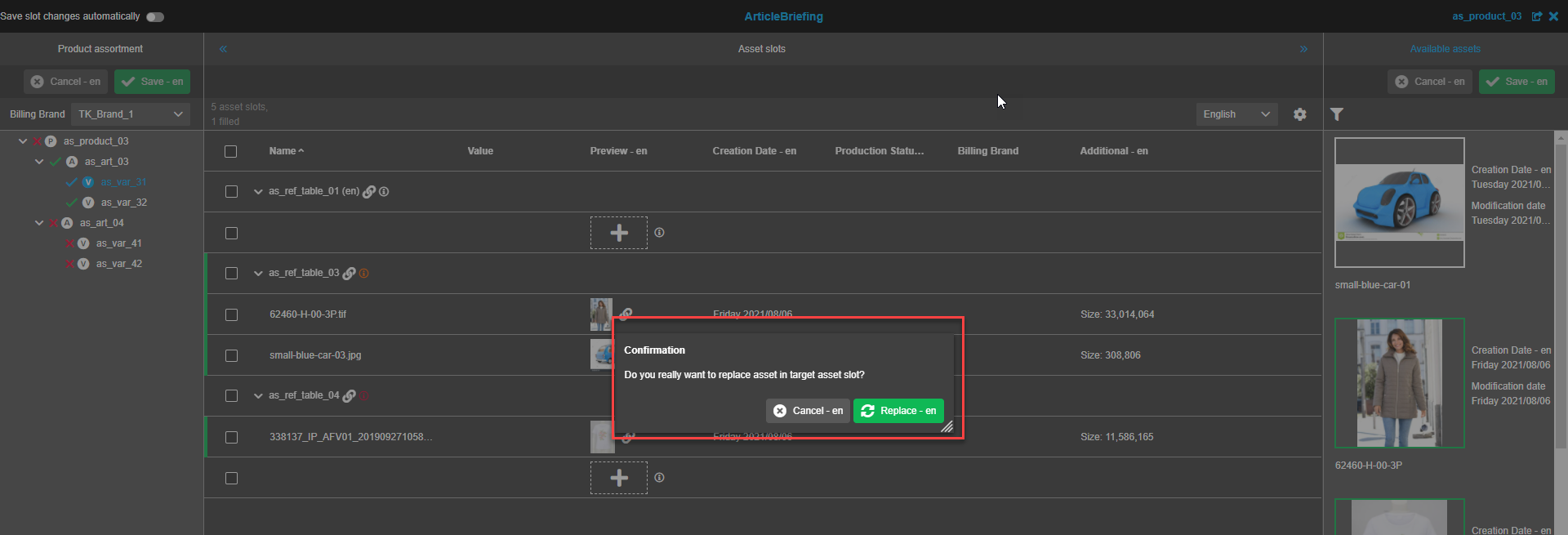 Asset Slots View - Asset Ersetzung Bestätigungsfenster