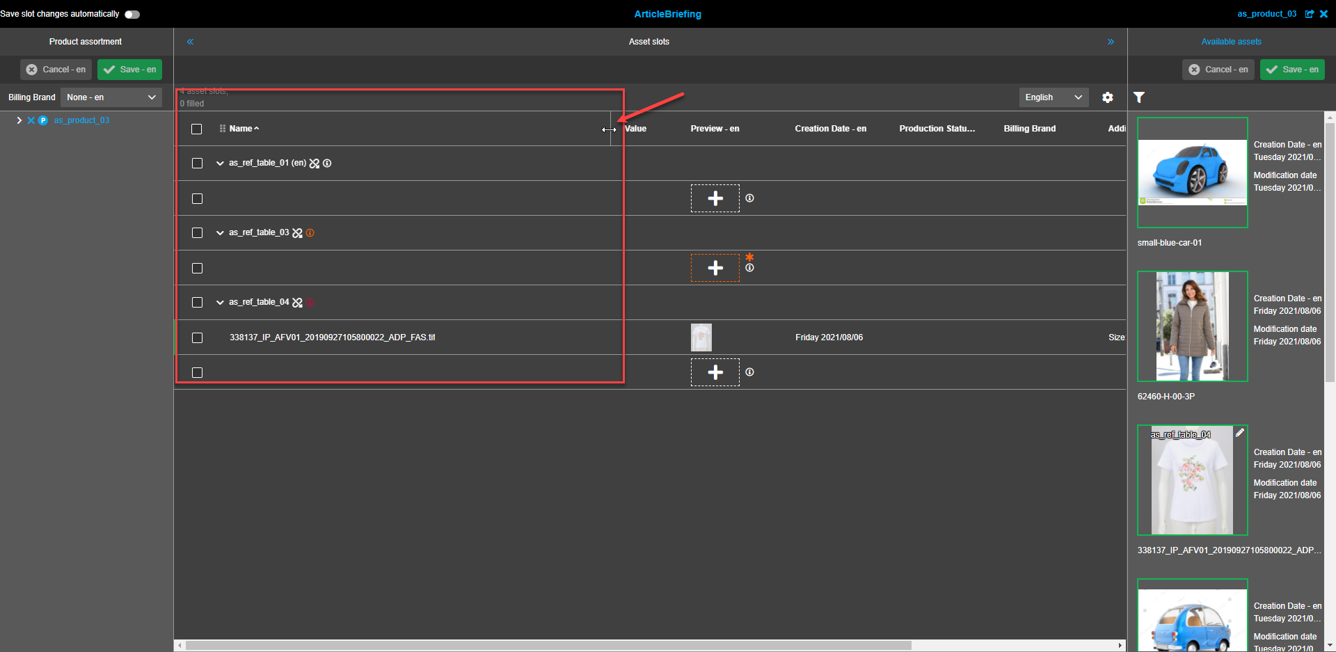 Asset Slots View - Spaltenbreite