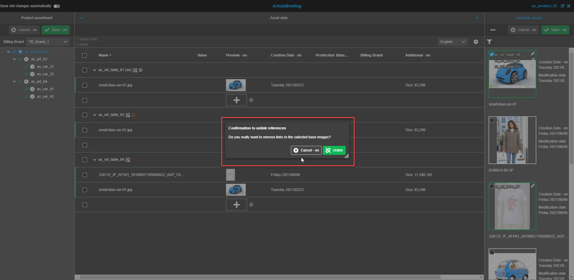 Verfügbare Assets - Bestätigungsfenster "Unlink"