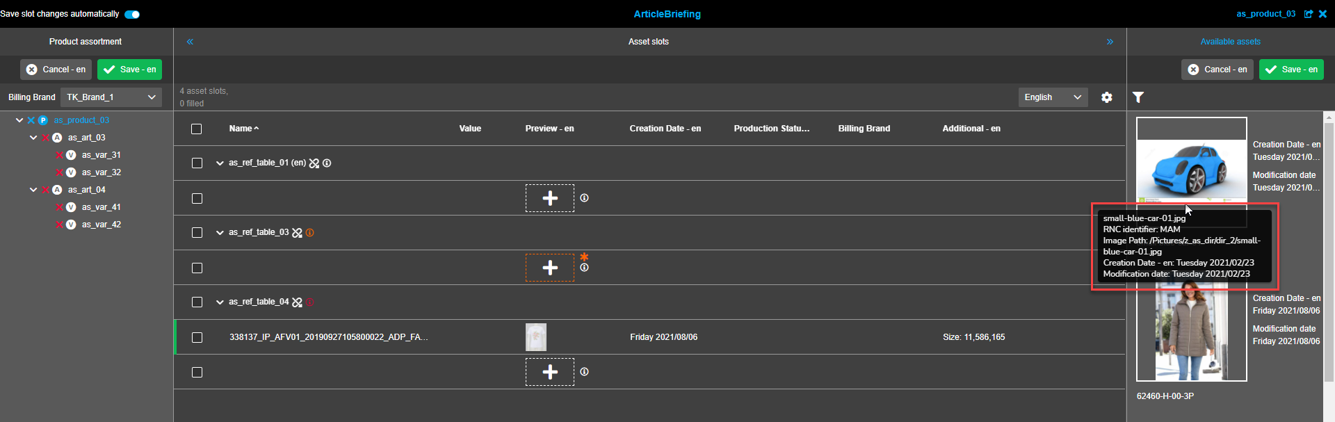 Verfügbare Assets - Bilddetails Tooltip