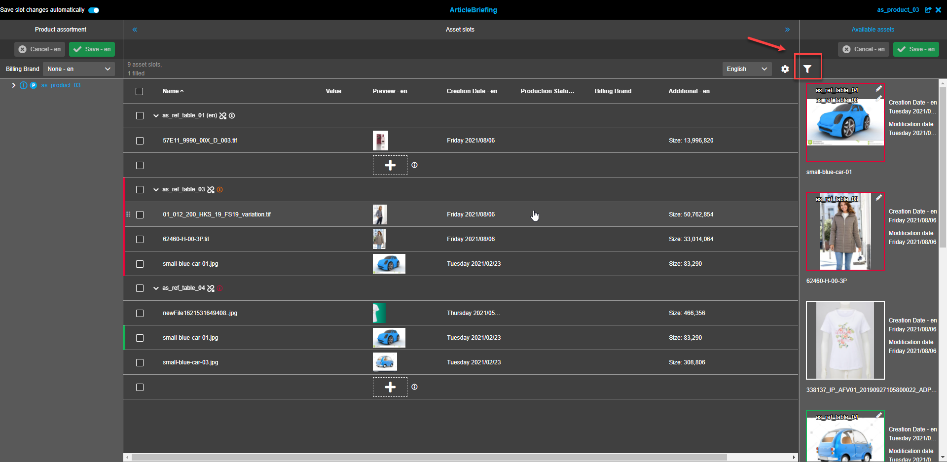 Verfügbare Assets - Filter Icon