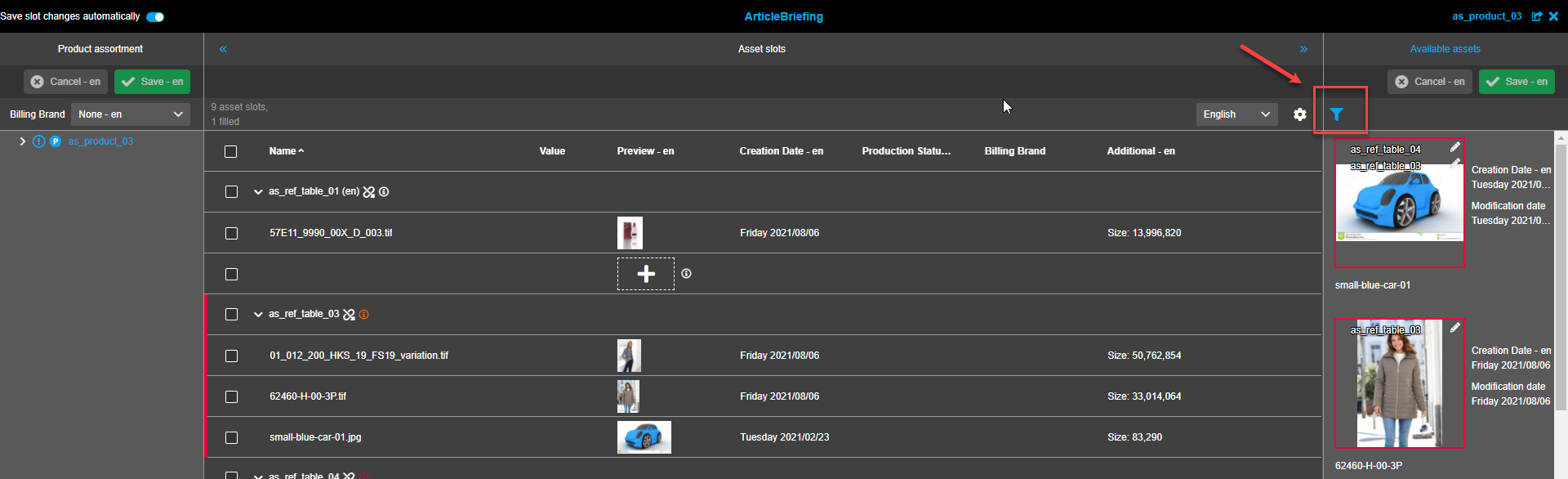 Verfügbare Assets - Filter Tooltip