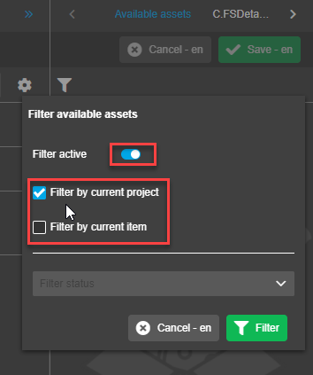 Verfügbare Assets - Filter