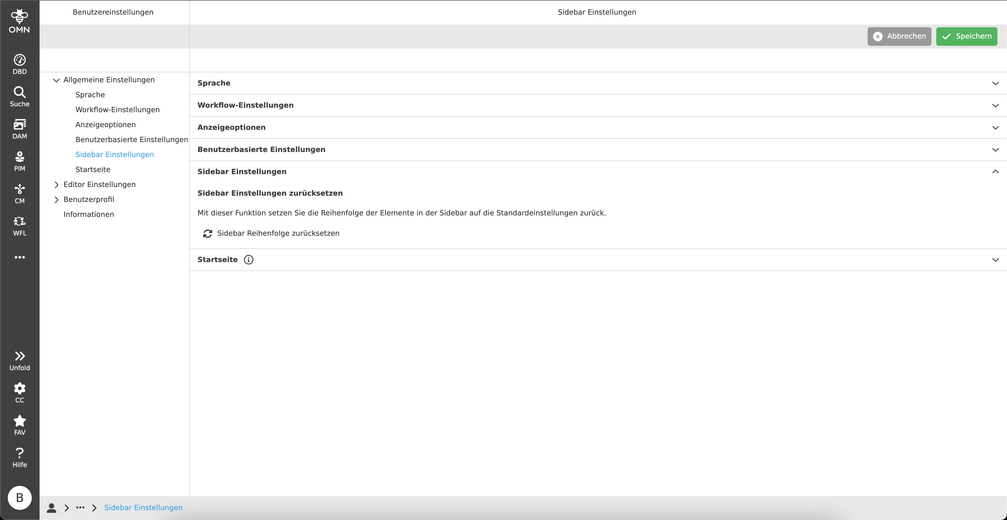 Sidebar Einstellungen