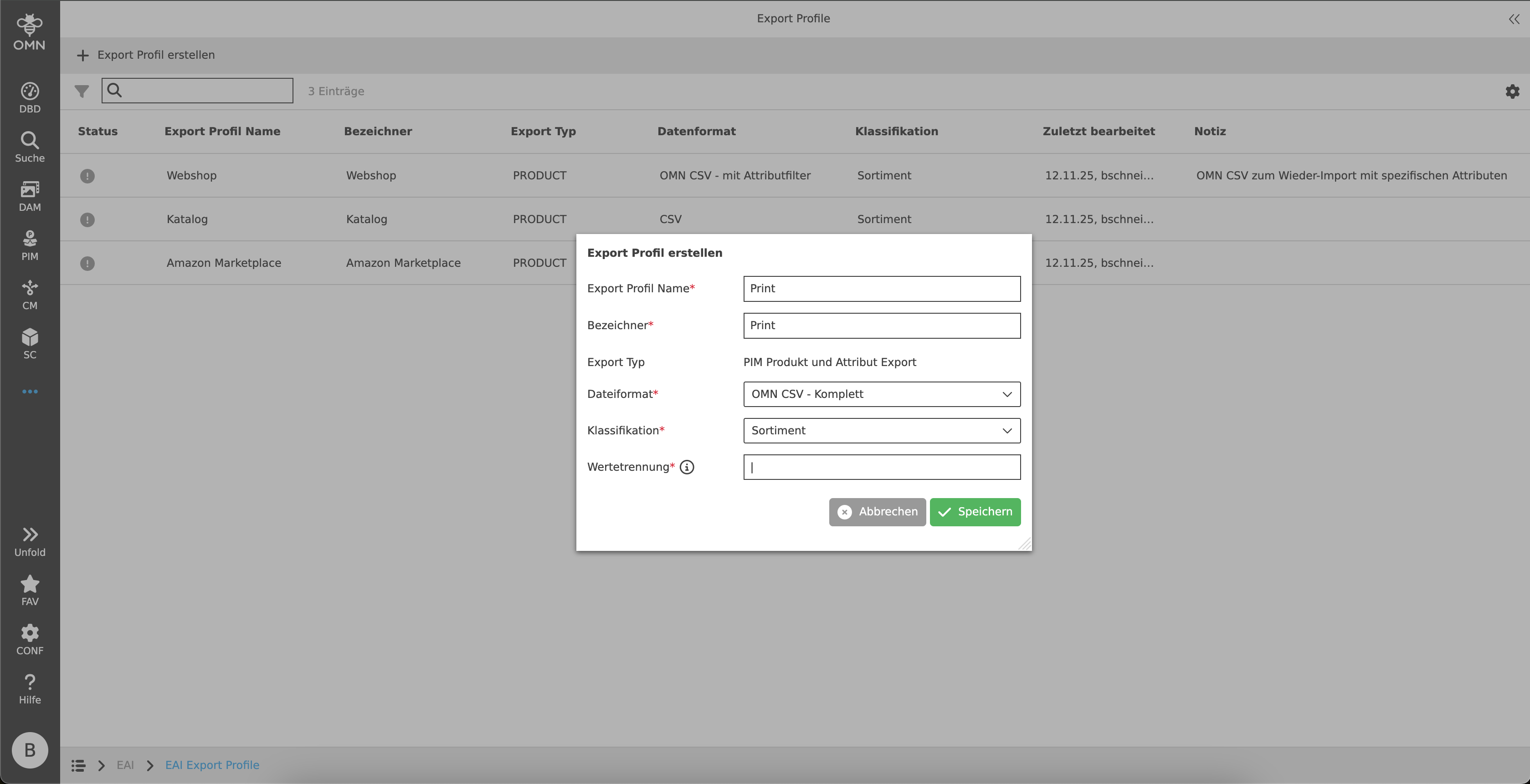 create export profile