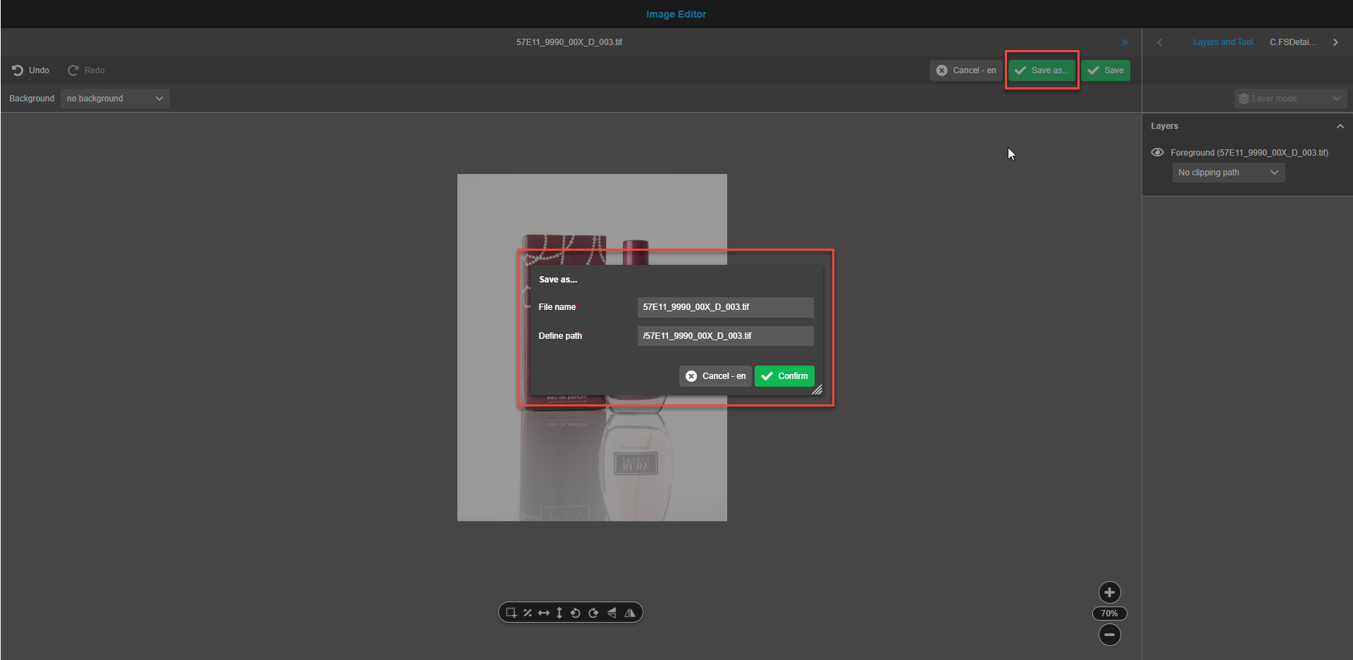 Image editor central view save as modal