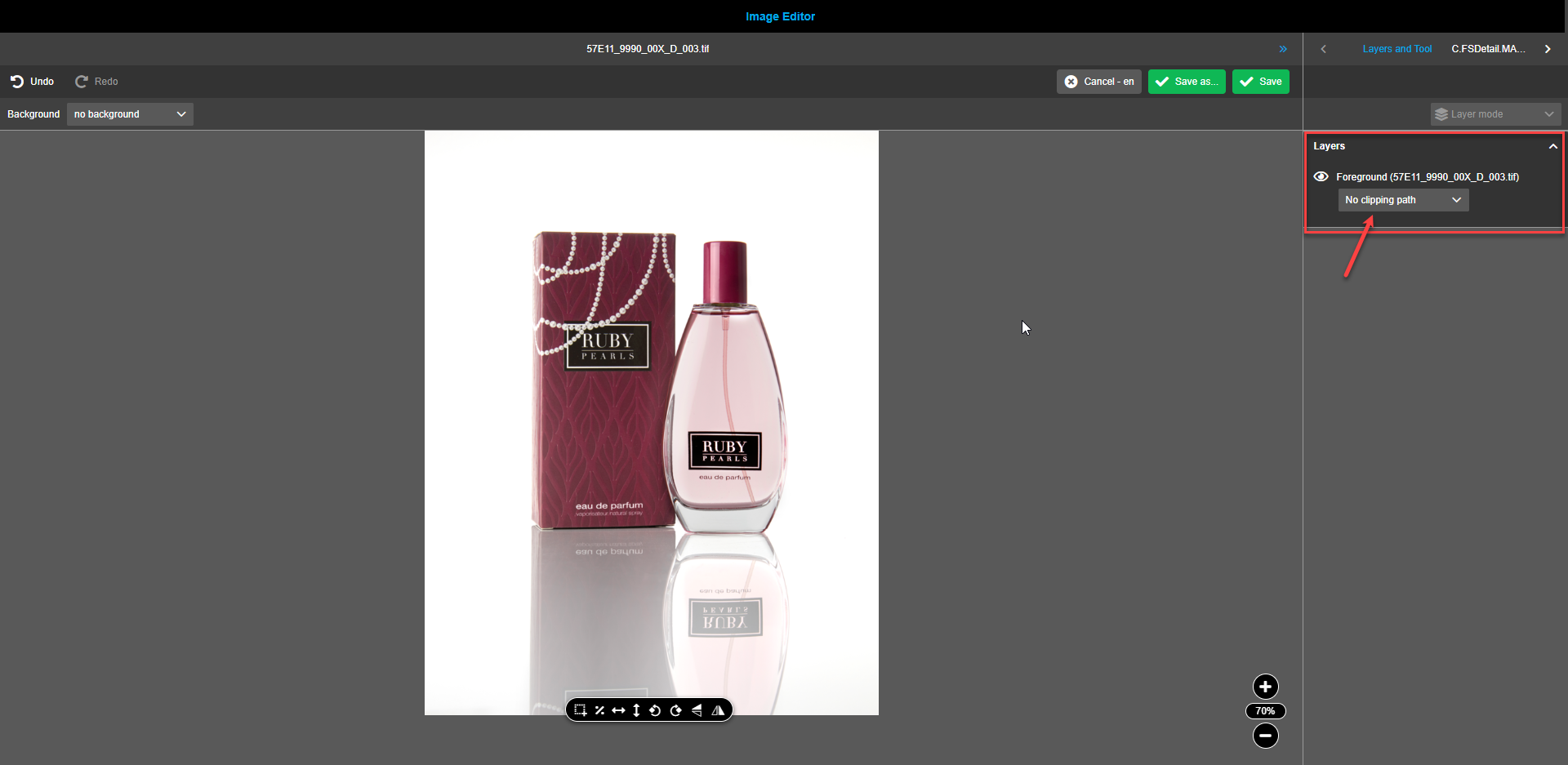 Image editor clipping path dropdown in the floating toolbar