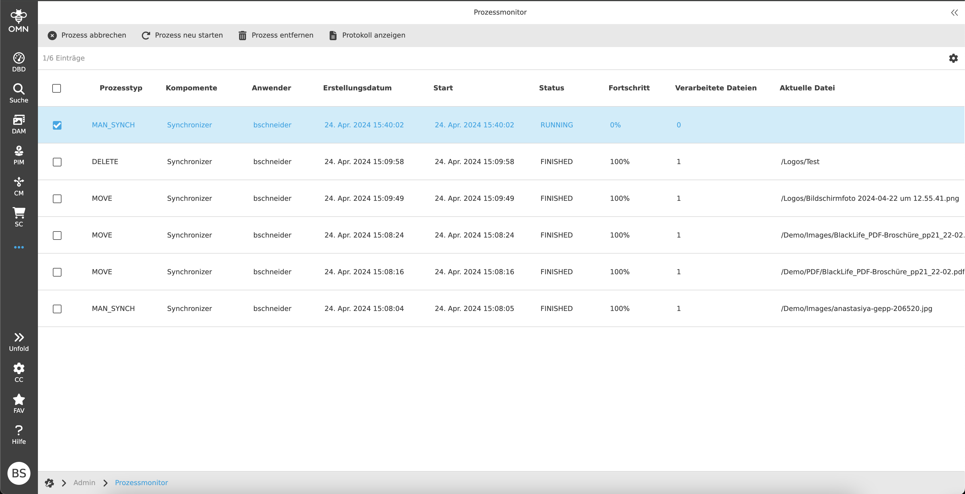 Zusätzliche Spalten in der mittleren Tabelle des Prozessmonitors