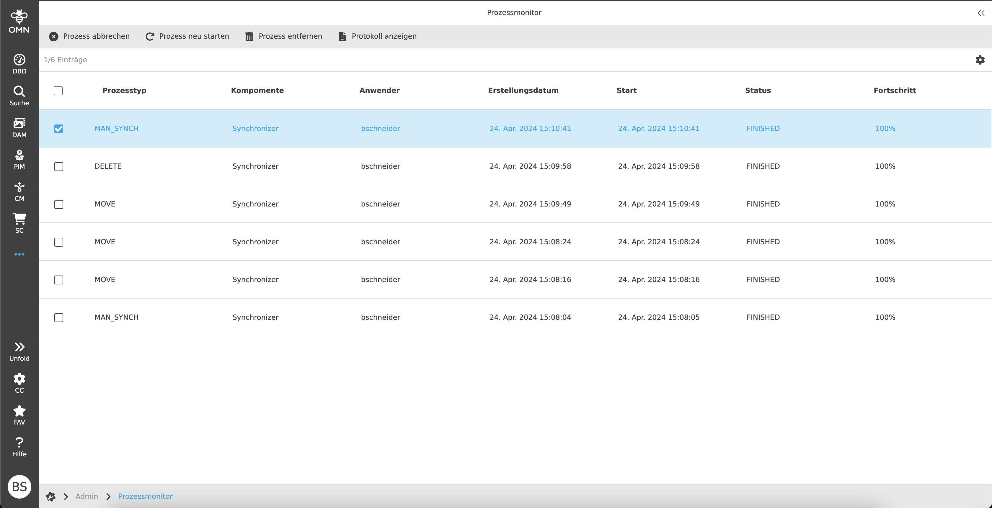 Funktionen im Prozessmonitor