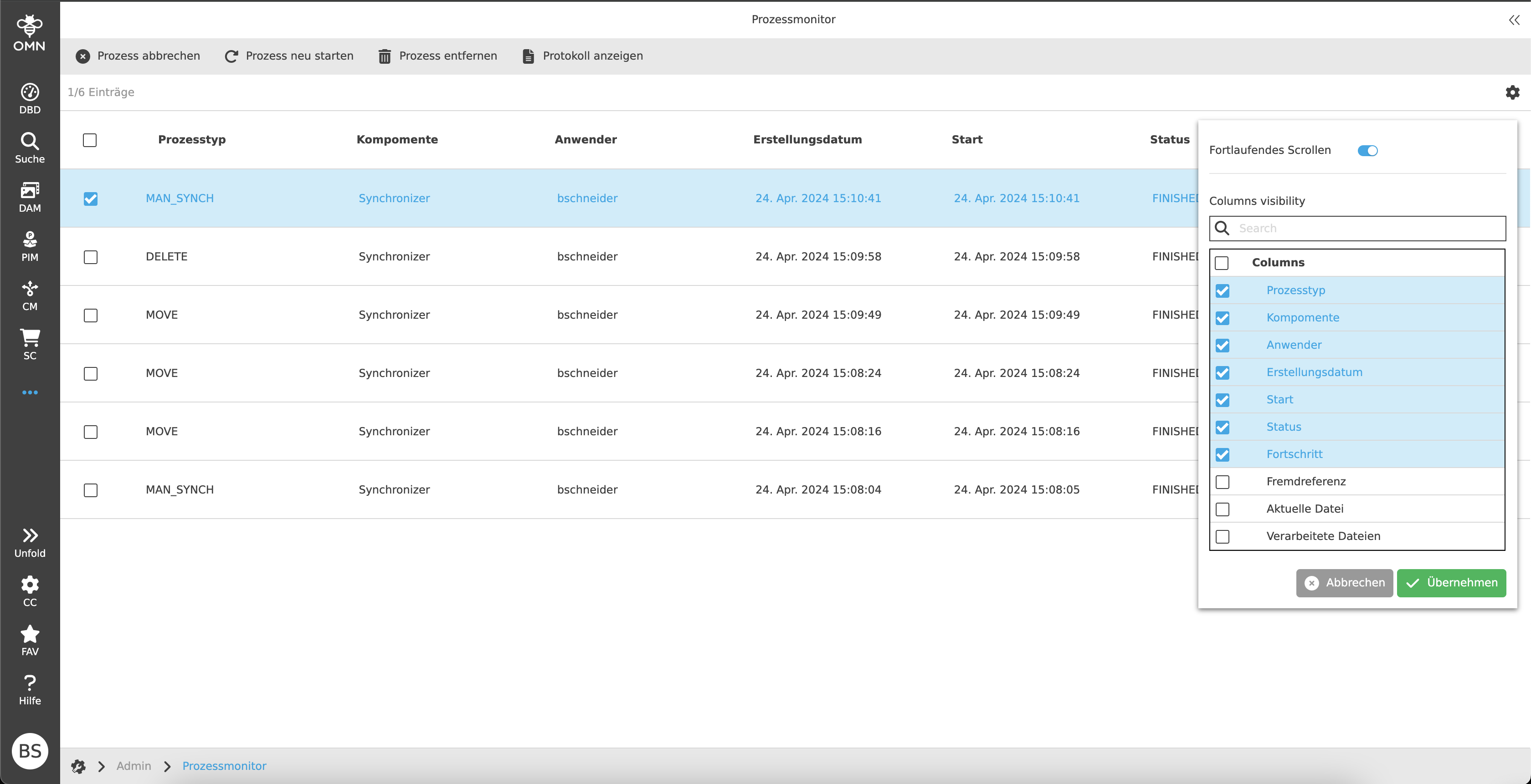 Einstellungen in der Statusbar