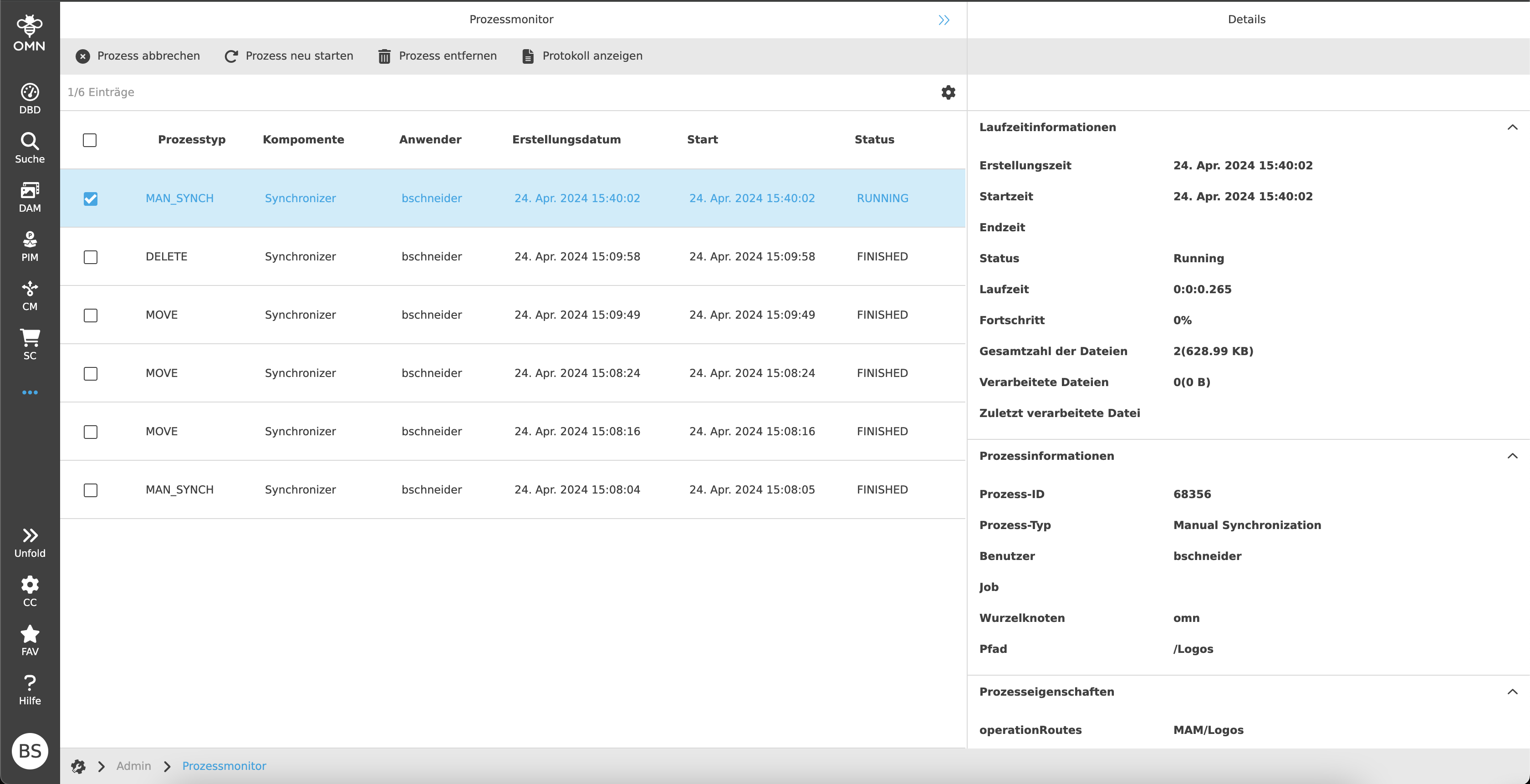 Right View des Prozessmonitors
