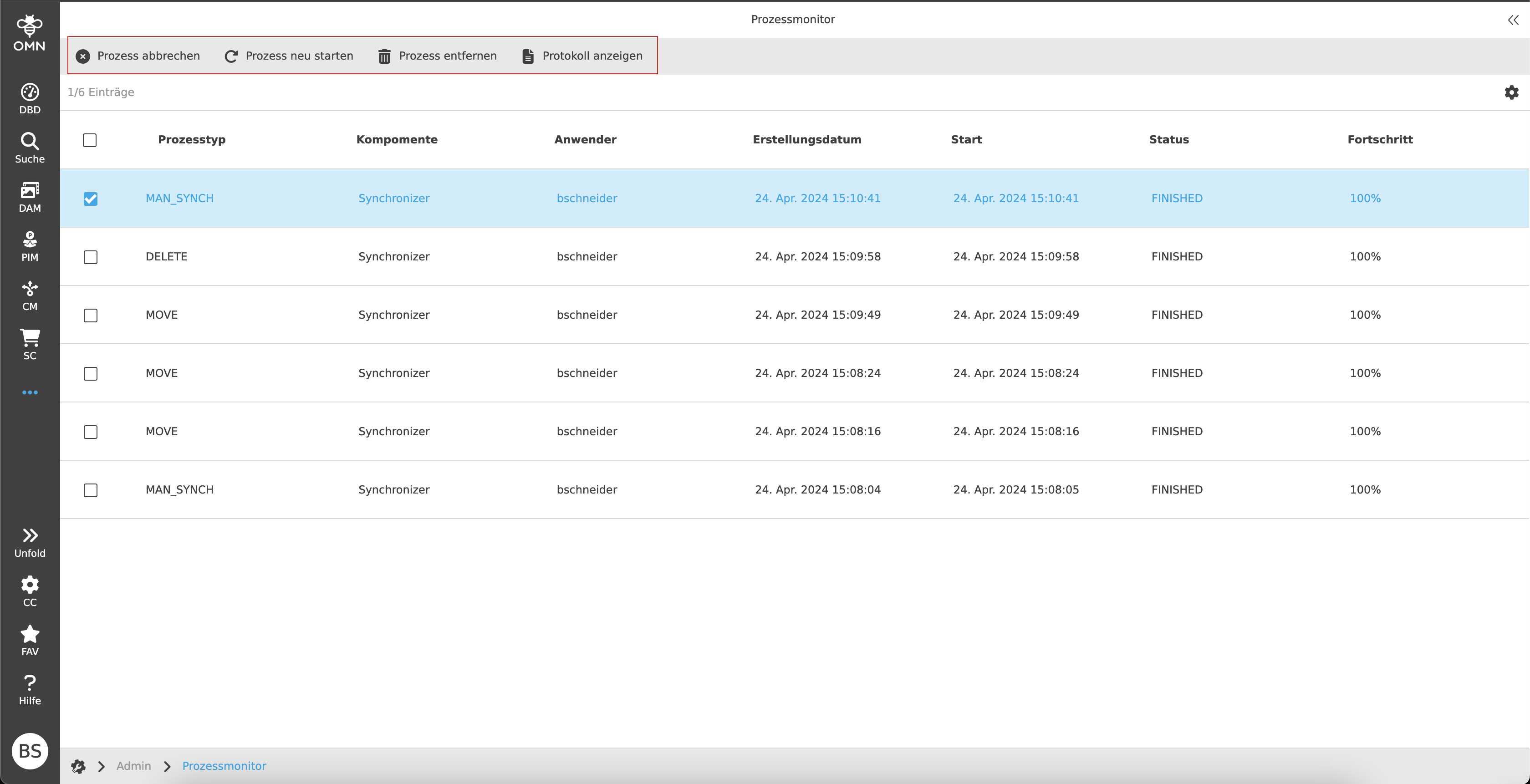 Funktionen im Prozessmonitor