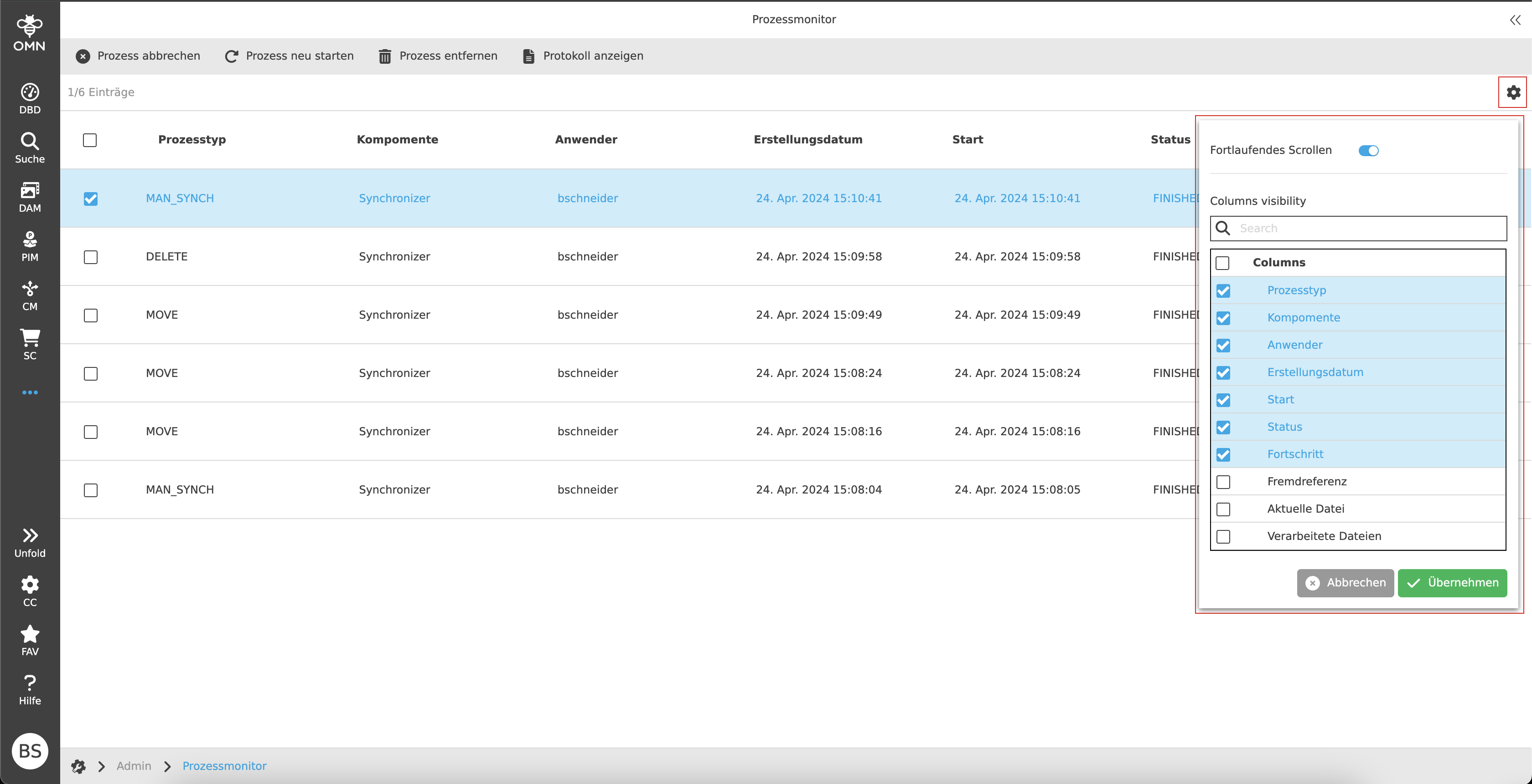 Einstellungen in der Statusbar
