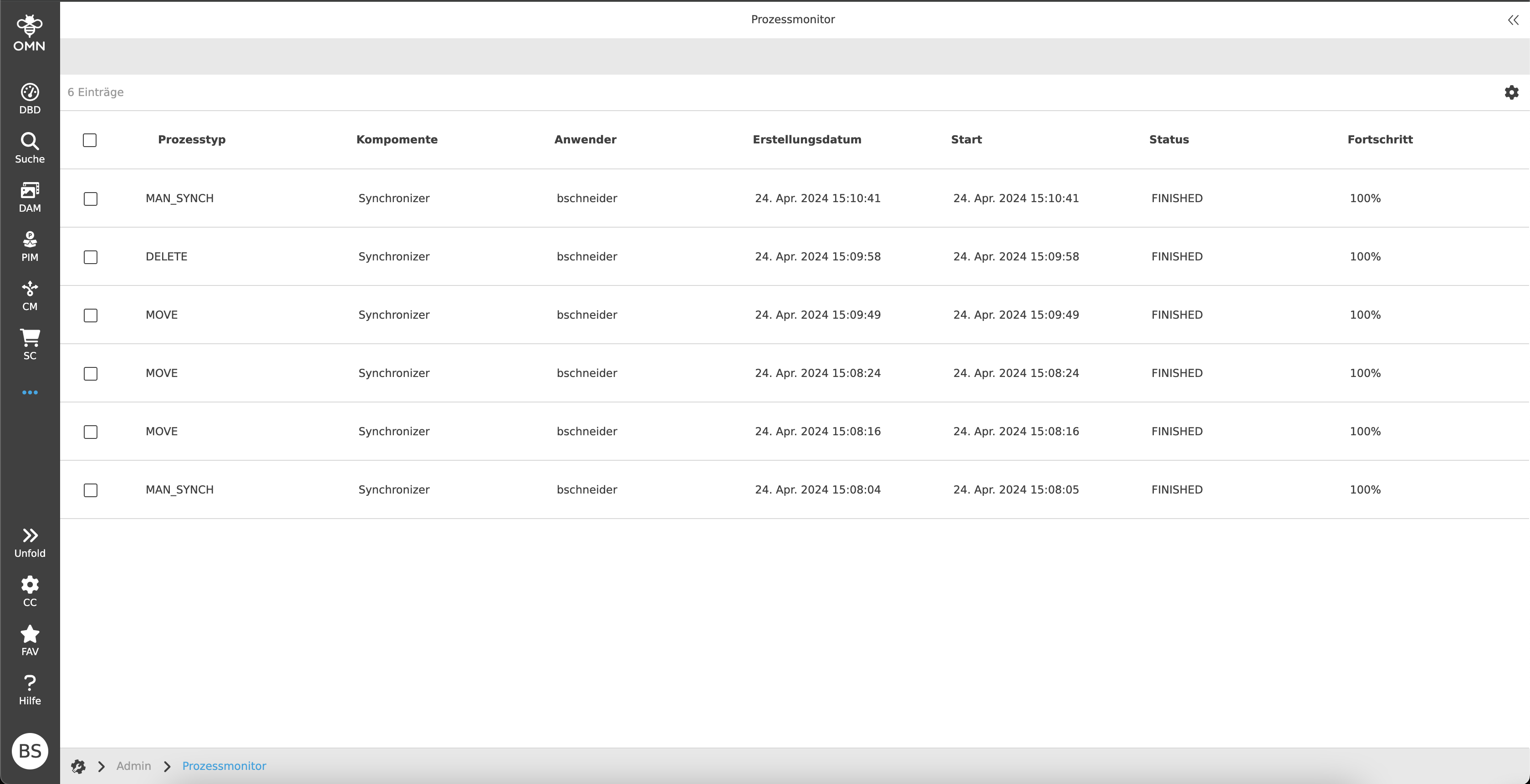 Center View des Prozessmonitors