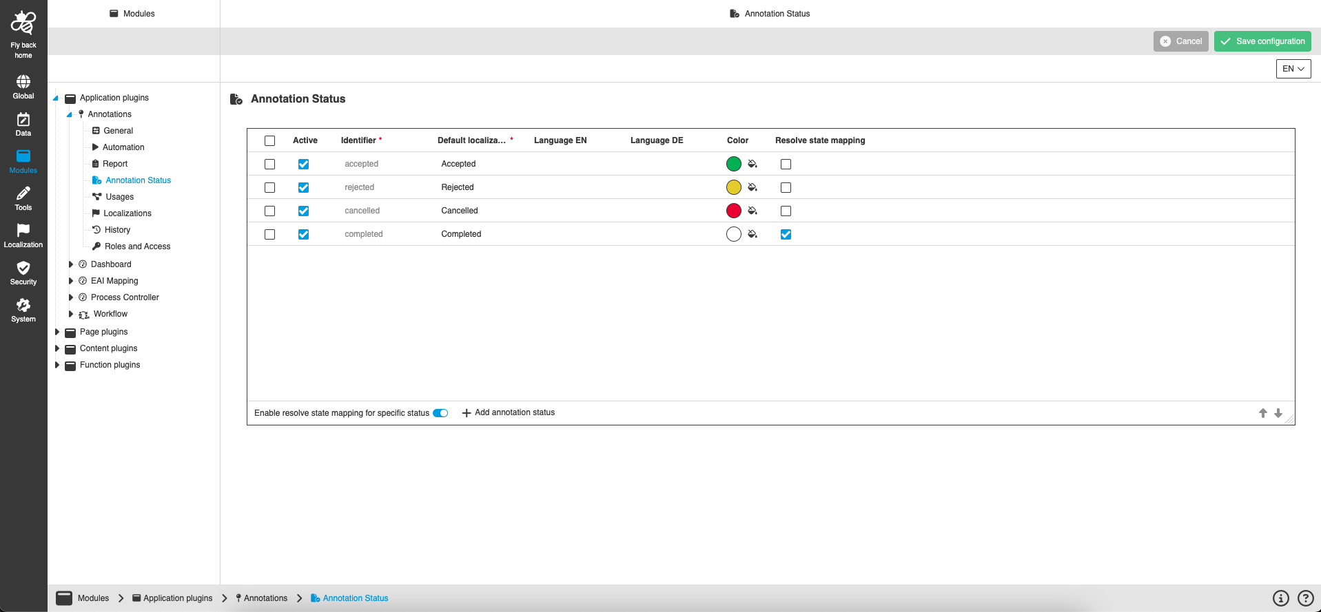annotations CC configuration annotation status