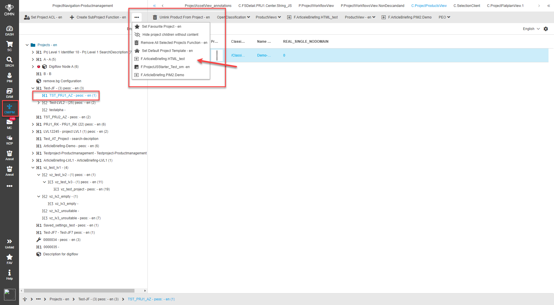 Select project in central view of a client