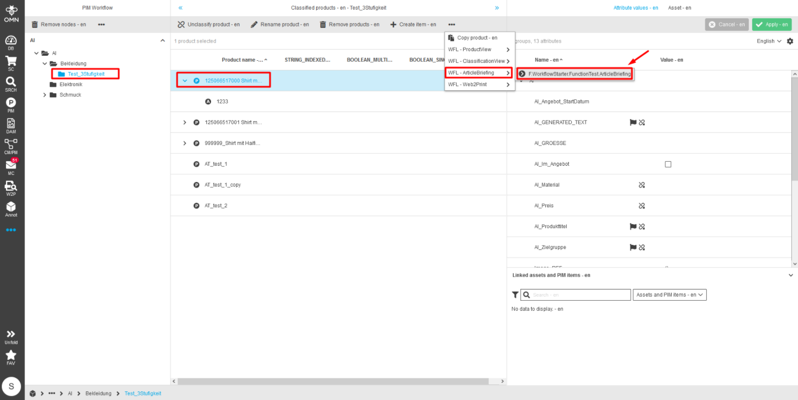 Select product in central view and open ArticleBriefing