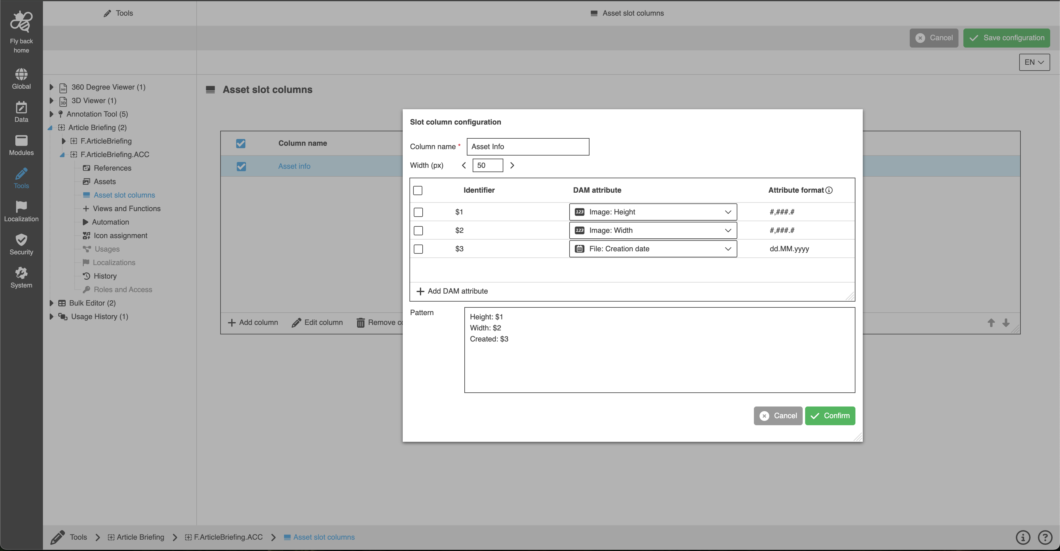 articlebriefing asset slot columns modal CC