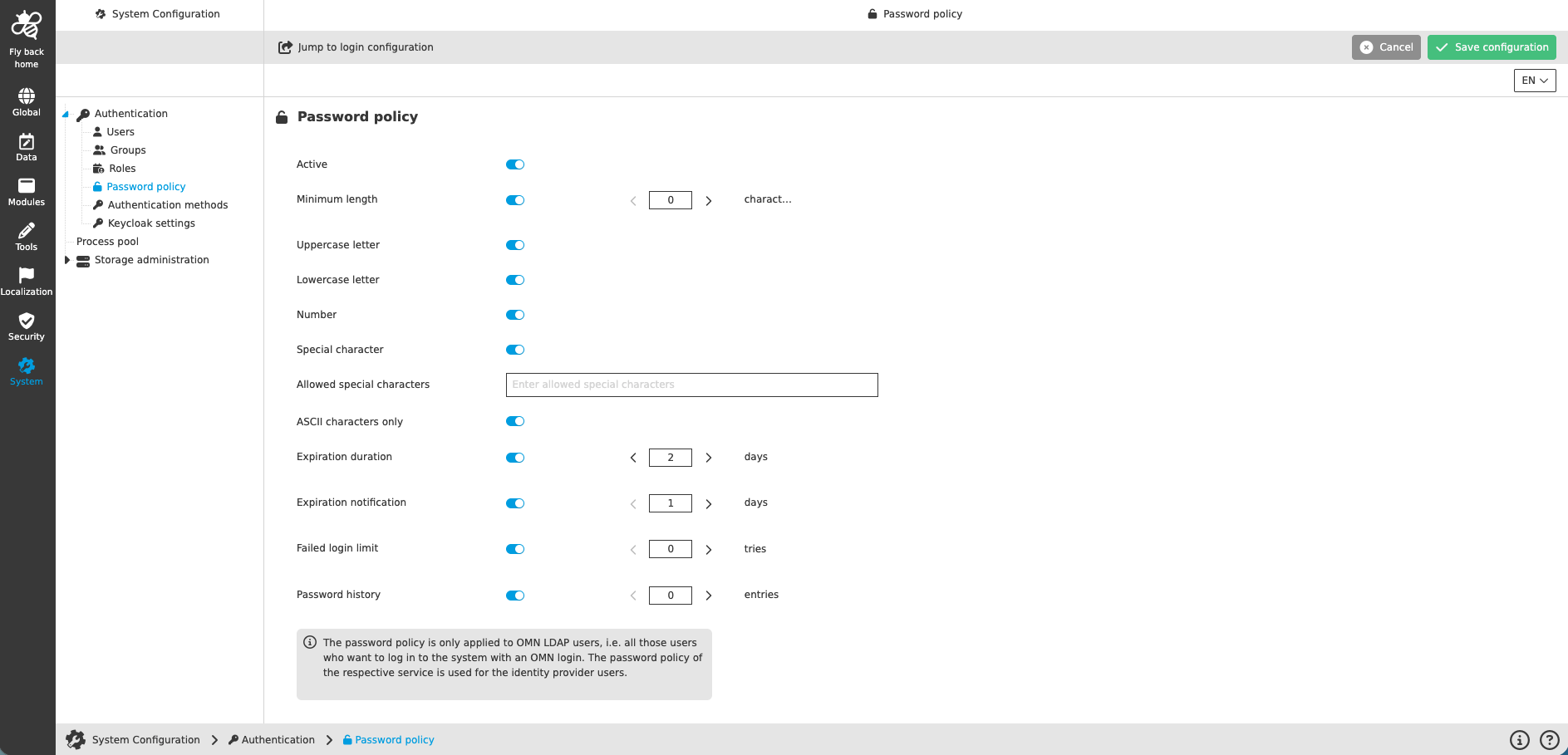authentication password policy CC