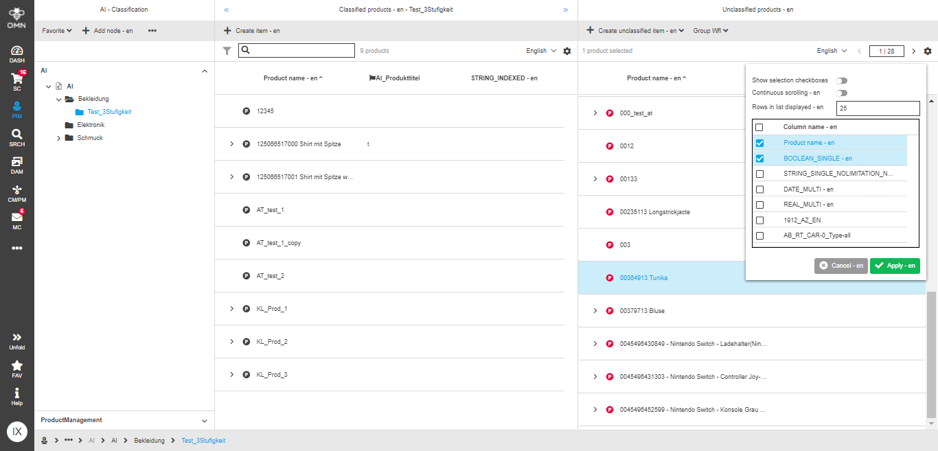 ClassificationView column configuration tab frontend