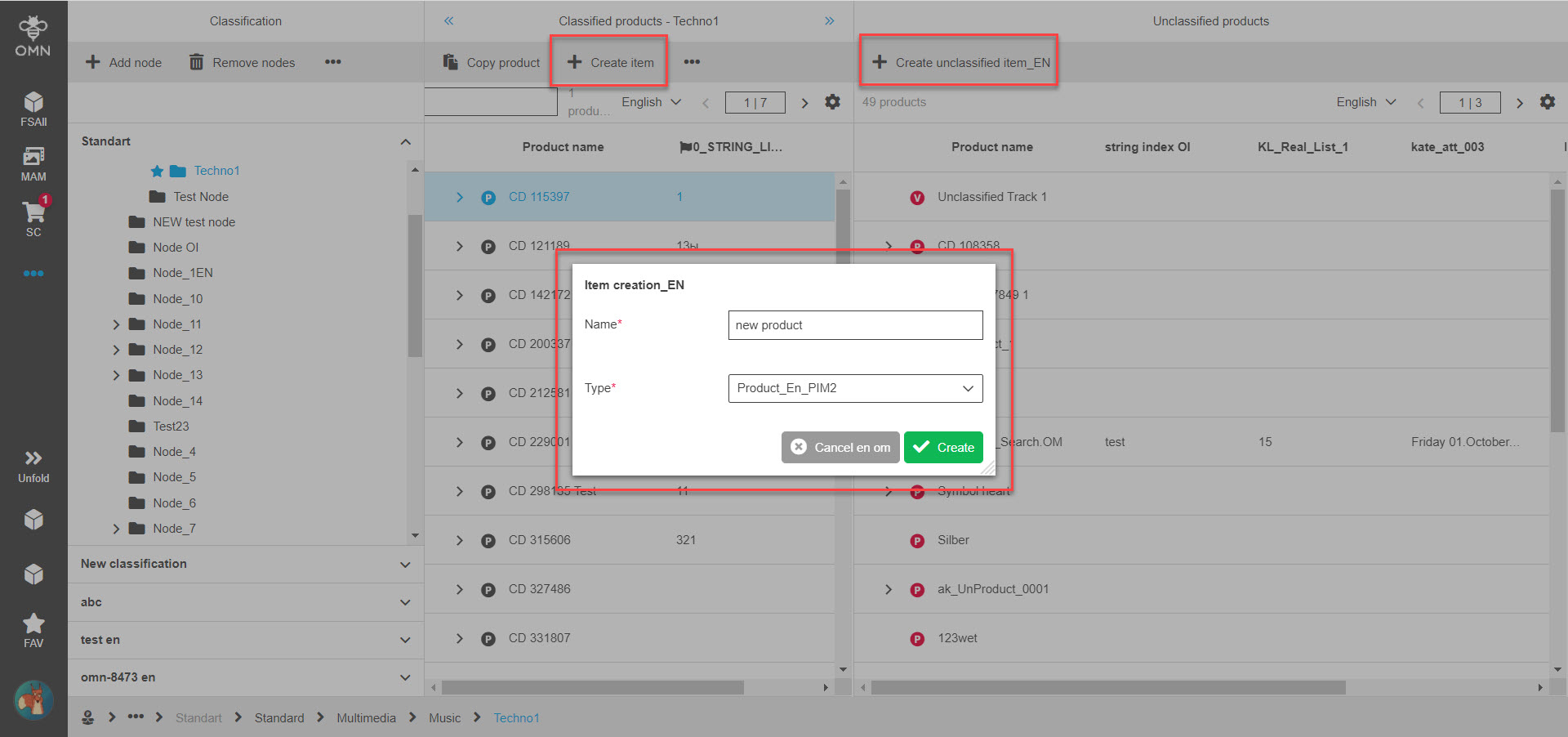 ClassificationView functions Create item Classification