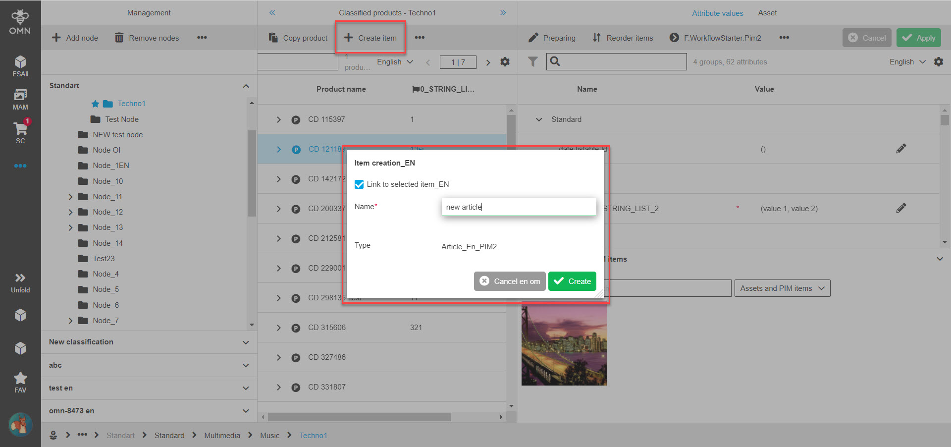 ClassificationView functions Create item Management