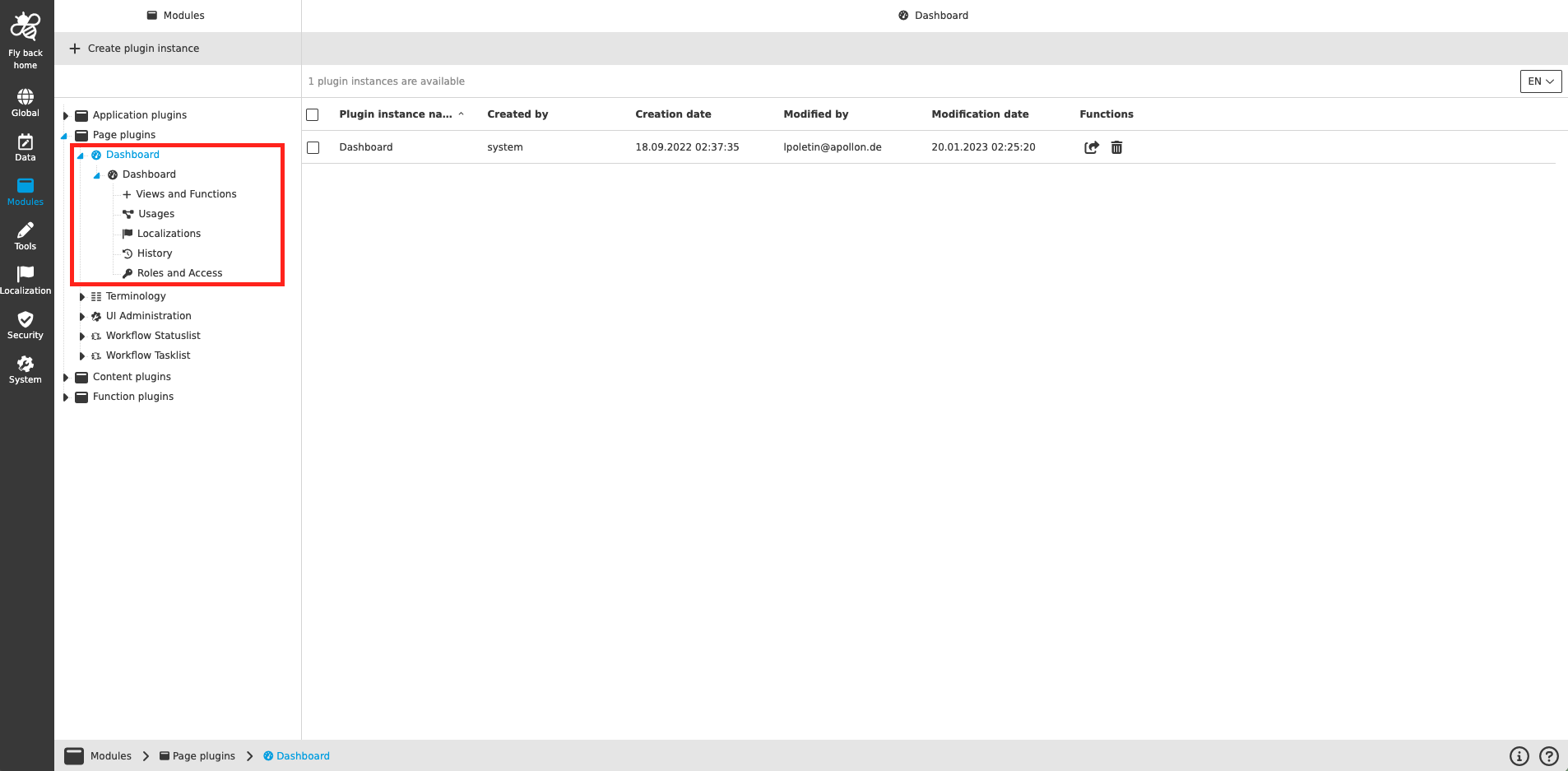 Dashboard page plugin CC
