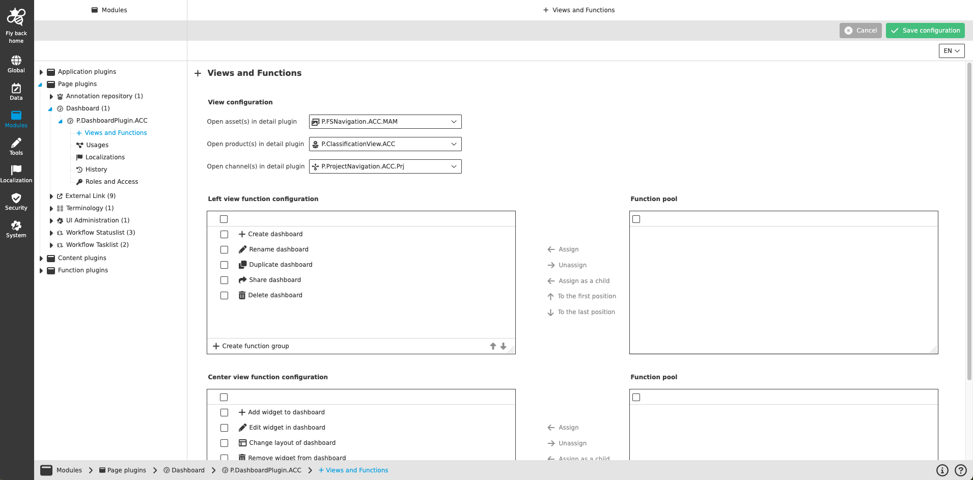 dashboard page plugin CC Views and functions
