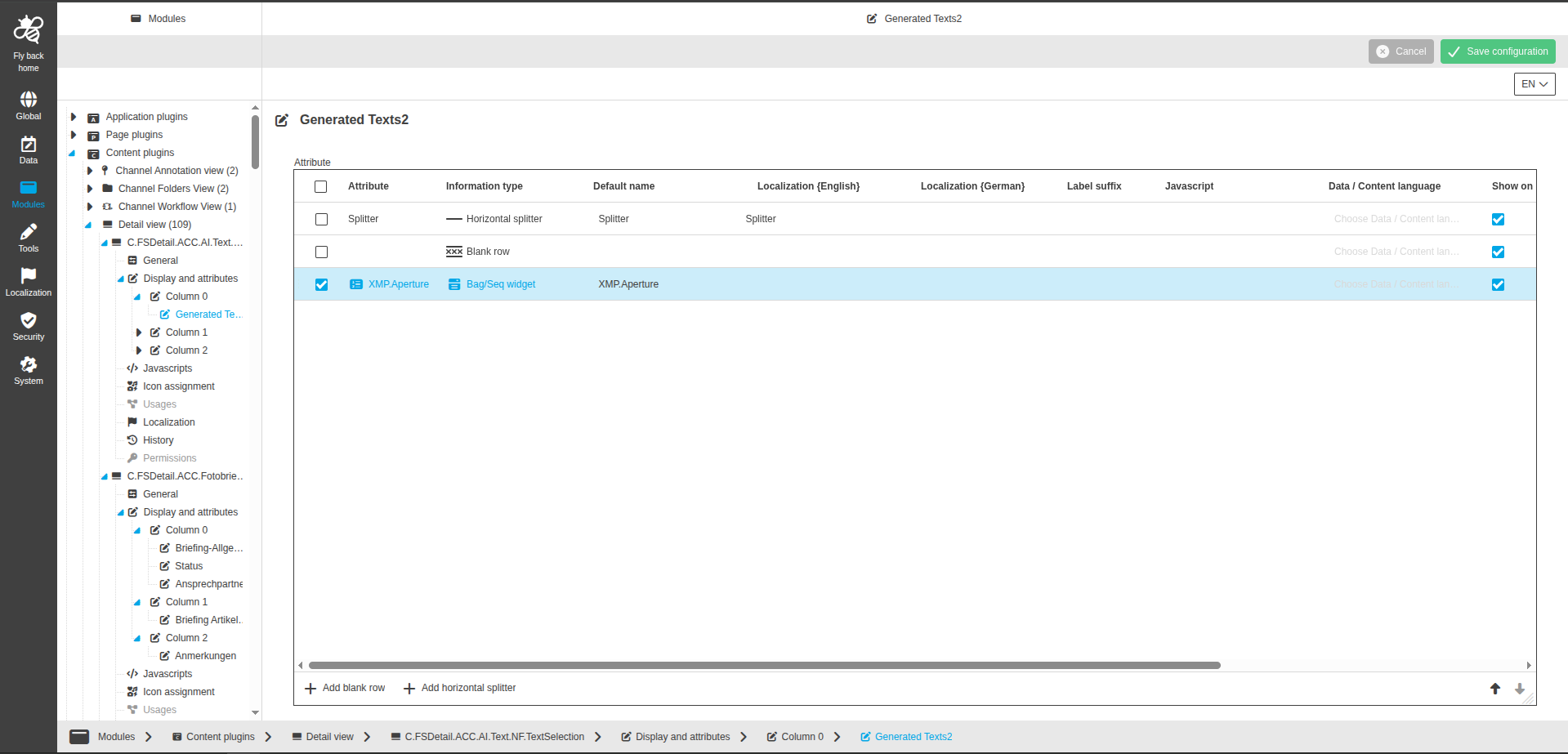 DetailView CC display and attributes bagseq widget configuration
