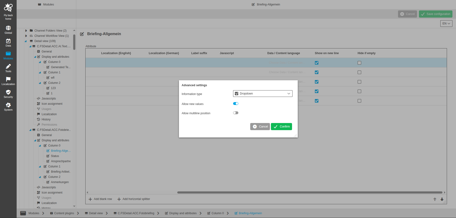 DetailView CC display and attributes dropdown configuration