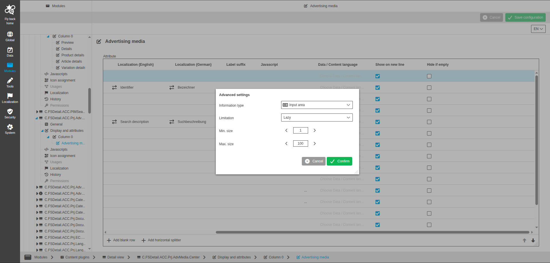 DetailView CC display and attributes input area configuration
