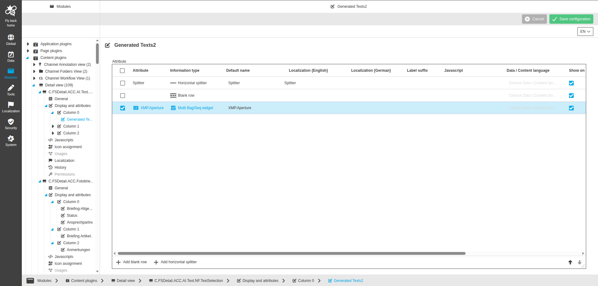 DetailView CC display and attributes multiselect bagseq widget configuration