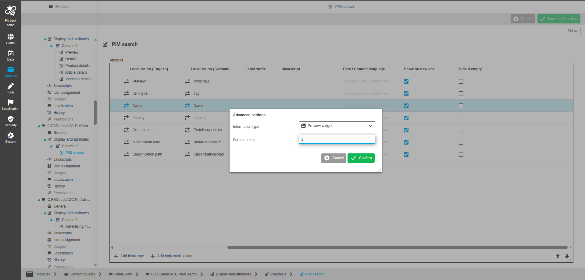 DetailView CC display and attributes preview widget configuration