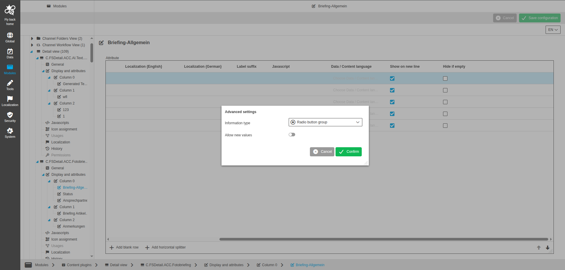 DetailView CC display and attributes radiobutton group configuration
